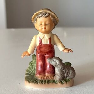 Vintage Japan Boy & Dog Figurine Red Overalls Napco Style 1950s Ceramic